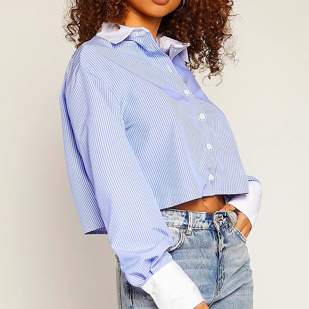 Pinstripe Button Up Cuffed Sleeve Blouse.